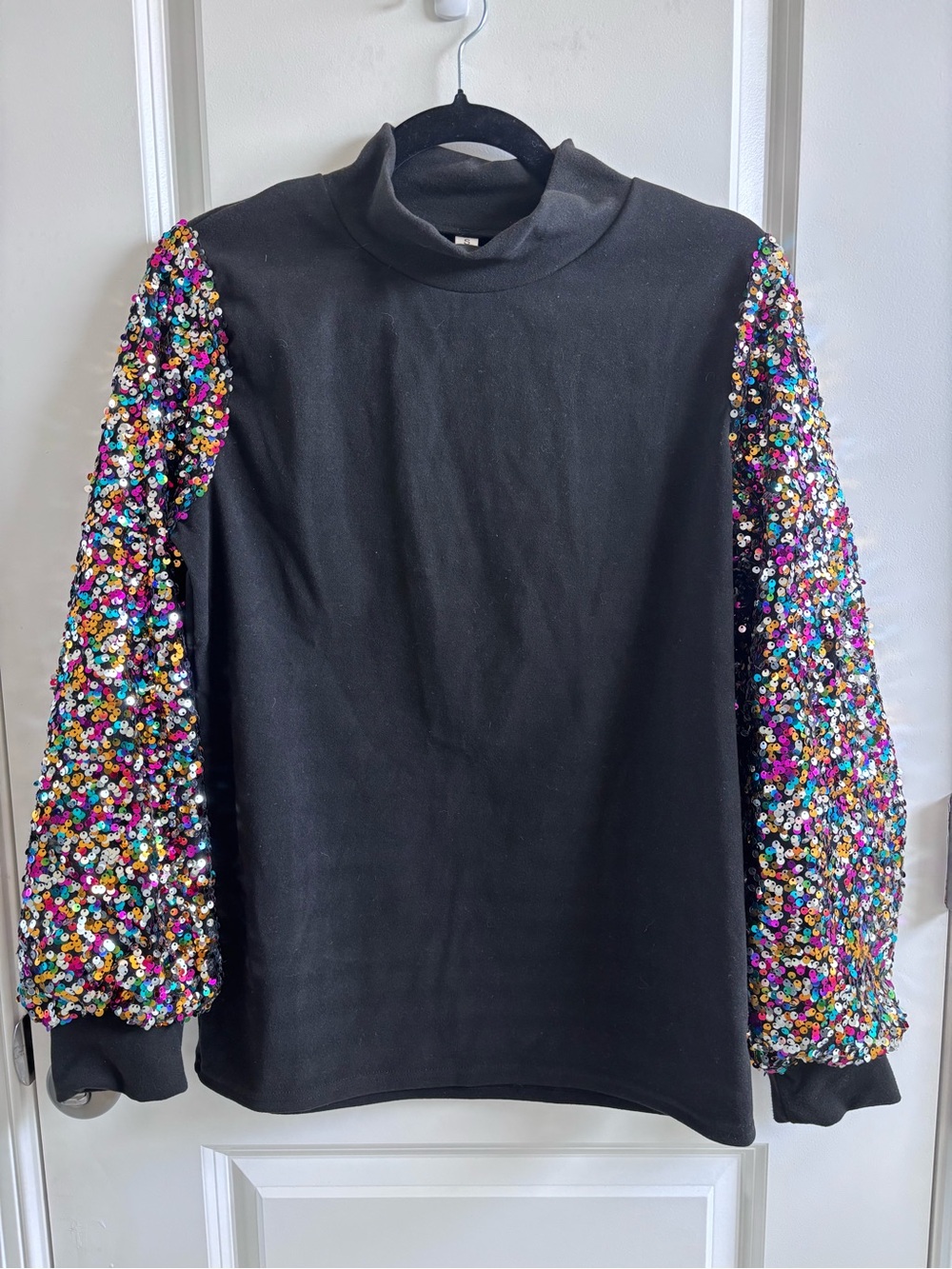 Black Mock Neck Sweatshirt with Sequined Ballon Sleeves - Size S